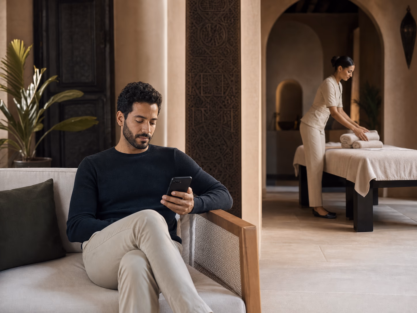Client consultant Nahlla pendant qu'une prestataire prépare un espace de massage